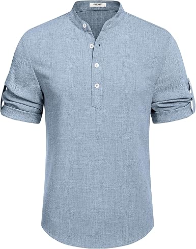 Men's Linen Henley Shirt Short Sleeve Band Collar Beach Summer Tee