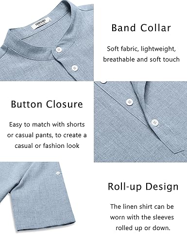 Men's Linen Henley Shirt Short Sleeve Band Collar Beach Summer Tee