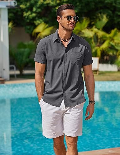 Men's Linen Look Shirt Short Sleeve Button Down Casual Summer Top