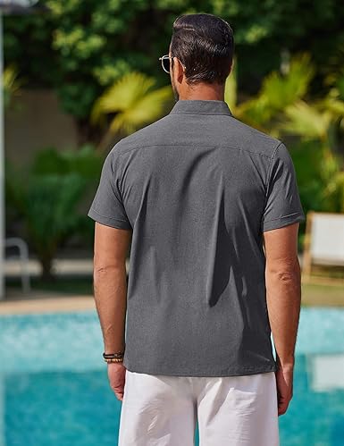 Men's Linen Look Shirt Short Sleeve Button Down Casual Summer Top