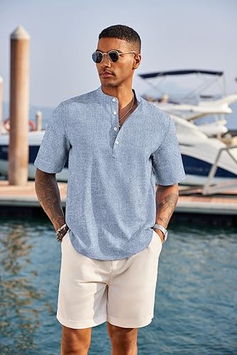 Men's Linen Henley Shirt Short Sleeve Band Collar Beach Summer Tee