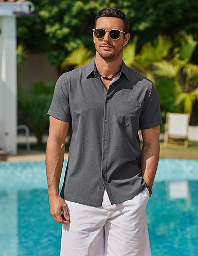 Men's Linen Look Shirt Short Sleeve Button Down Casual Summer Top
