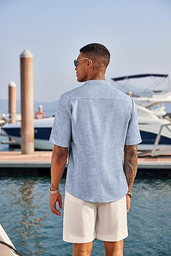 Men's Linen Henley Shirt Short Sleeve Band Collar Beach Summer Tee