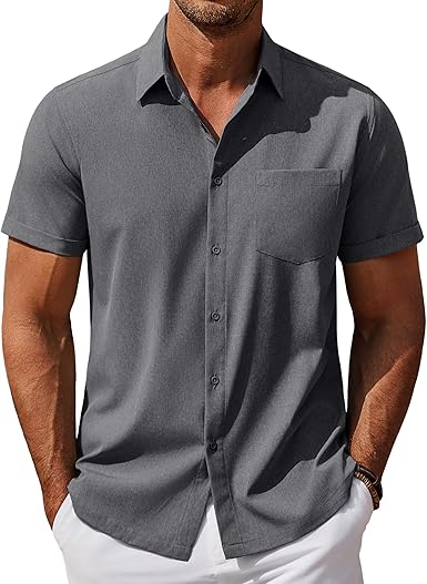 Men's Linen Look Shirt Short Sleeve Button Down Casual Summer Top
