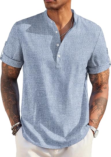 Men's Linen Henley Shirt Short Sleeve Band Collar Beach Summer Tee
