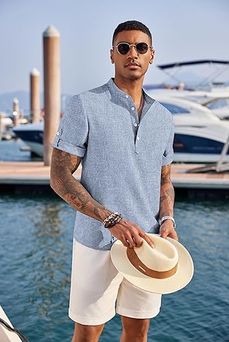 Men's Linen Henley Shirt Short Sleeve Band Collar Beach Summer Tee